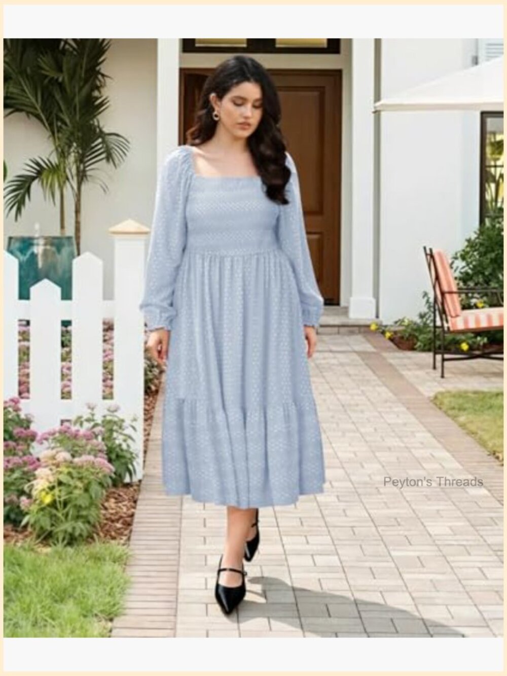 Plus Size Maxi Dress with Pockets Long Sleeve Smocked Swiss Dot A-Line Maternity - Picture 4 of 6